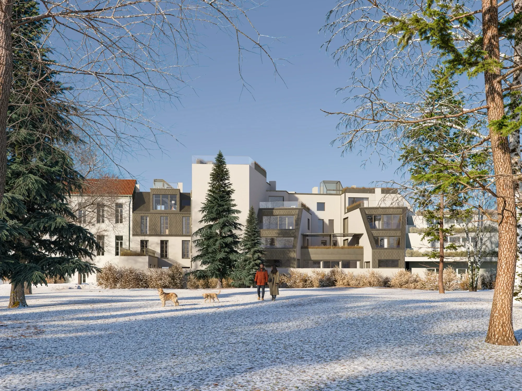 Der Park im Blockinneren hinter dem Haus, im Winter