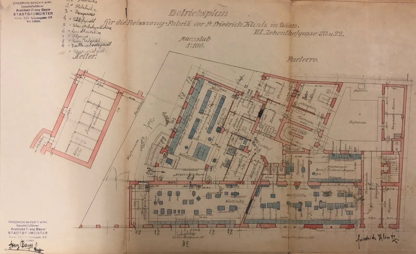 Historischer Betriebsplan der Reißzeugfabrik in der Zehenthofgasse 20 und 22